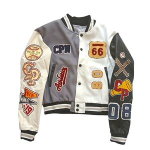 Women's Blue And White Cropped Letterman Jacket with Patches- Size XL NWOT